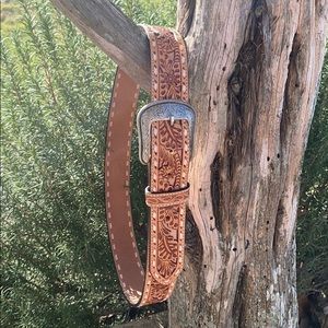 Tooled Leather Belt with Buckstitch